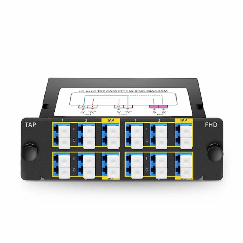 SFPS FHDA LC TAP Cassette, OS2 Single Mode, 8 x LC Duplex Live Ports, 4 x LC Duplex TAP Ports, 50/50 Split Ratio (Live/TAP), 1/10/40/100G SFPS