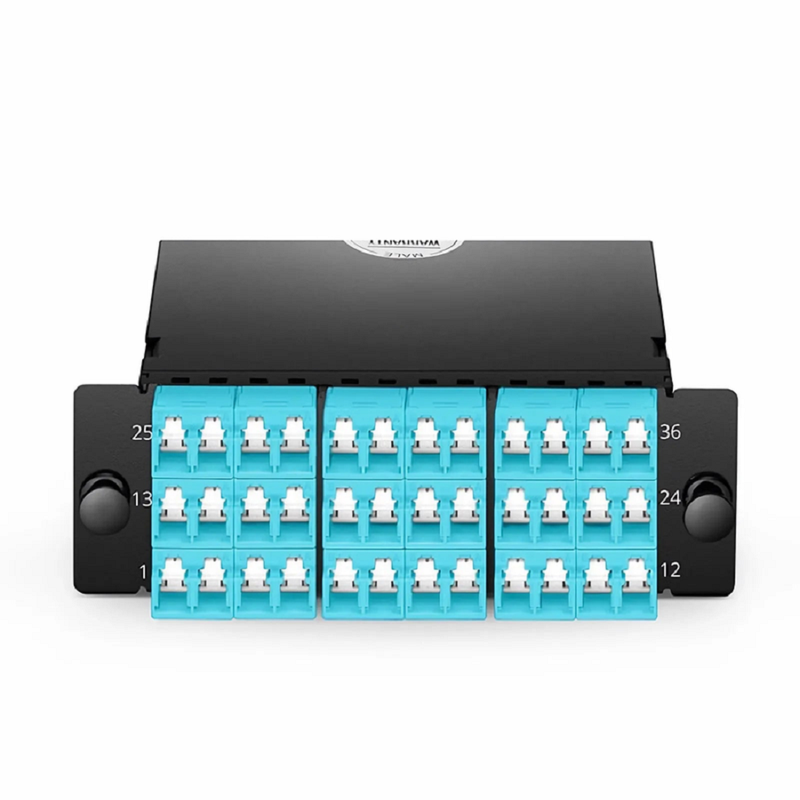 SFPS FHDA MTP®-LC Cassette, OM4 Multimode, Type A, 36 Fibers, 3 x MTP®-12 (Male) to 18 x Shuttered LC Duplex (Aqua), 0.35dB Max. SFPS
