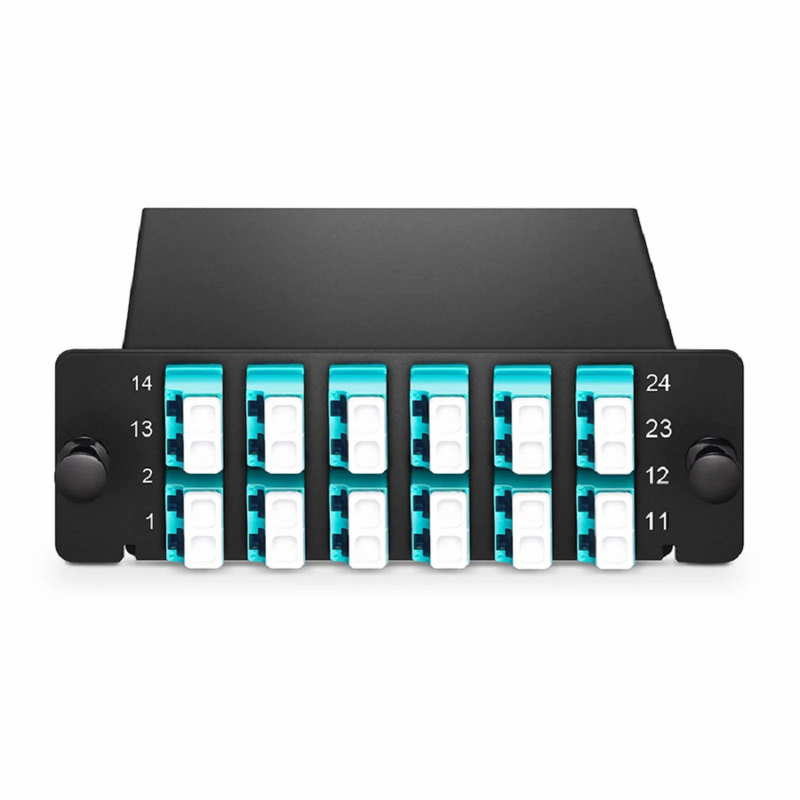 SFPS FHDA LC Splice Cassette with Pigtails, 24 Fibers OM4 Multimode,12 x LC UPC Duplex (Aqua), 0.3dB Max. SFPS