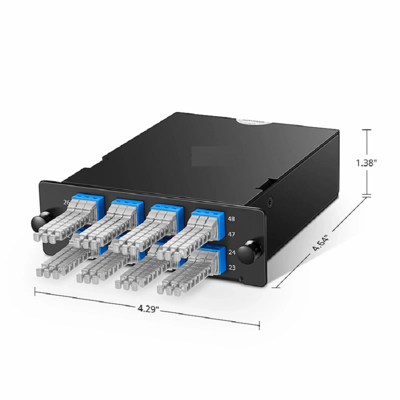SFPS FHDA MTP®-MDC Cassette, OS2 Single Mode, Type A, 48 Fibers, 4 x MTP®-12 (Male) to 8 x MDC 3-Port Duplex (Blue), 0.35dB Max. SFPS