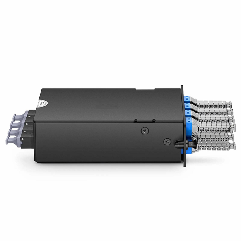 SFPS FHDA MTP®-MDC Cassette, OS2 Single Mode, Type A, 48 Fibers, 4 x MTP®-12 (Male) to 8 x MDC 3-Port Duplex (Blue), 0.35dB Max. SFPS
