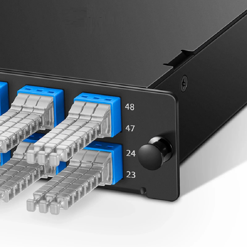 SFPS FHDA MTP®-MDC Cassette, OS2 Single Mode, Type A, 48 Fibers, 4 x MTP®-12 (Male) to 8 x MDC 3-Port Duplex (Blue), 0.35dB Max. SFPS