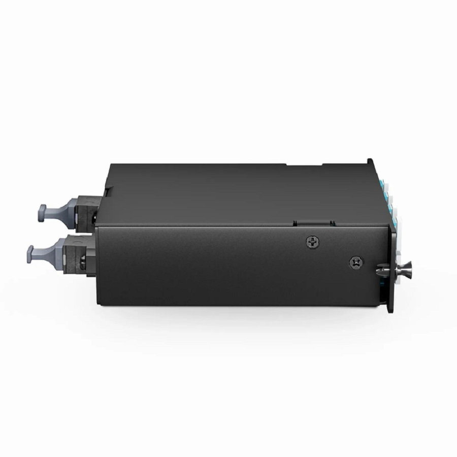 SFPS FHDA MTP®-LC Cassette, OM4 Multimode, Universal, 16 Fibers, 2 x MTP®-8 (Male) to 8 x LC Duplex (Aqua), 0.35dB Max. SFPS
