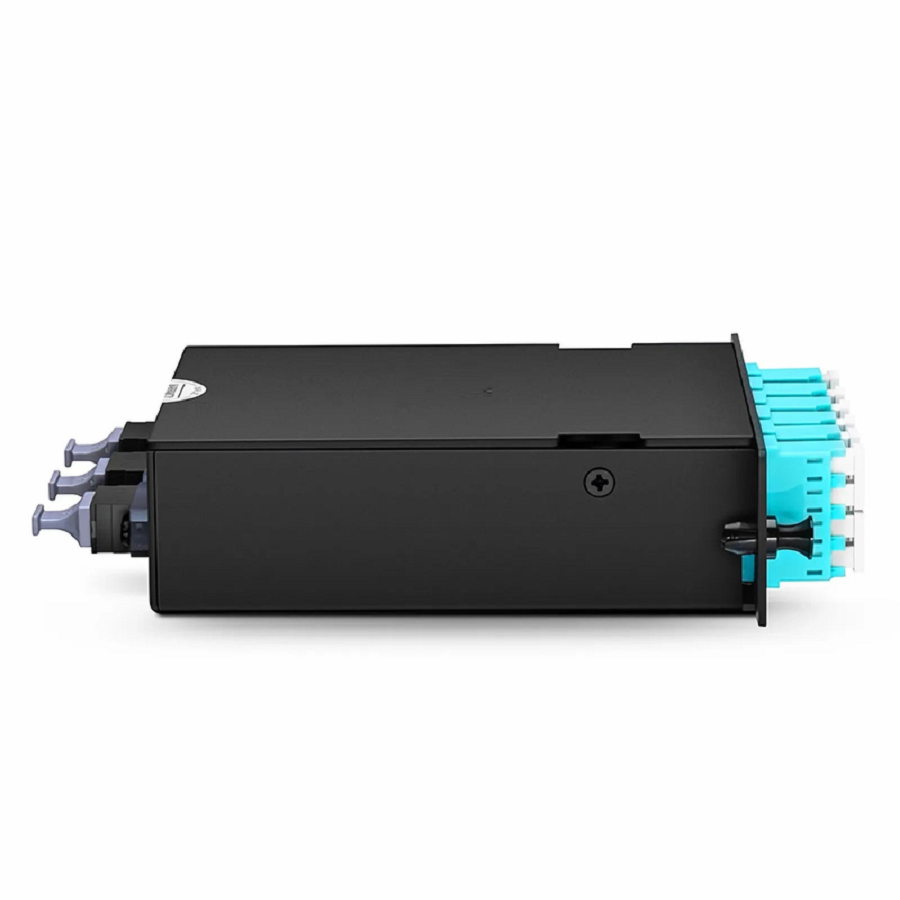 SFPS FHDA MTP®-LC Cassette, OM4 Multimode, Universal, 24 Fibers, 3 x MTP®-8 (Male) to 6 x LC Quad (Aqua), 0.35dB Max. SFPS