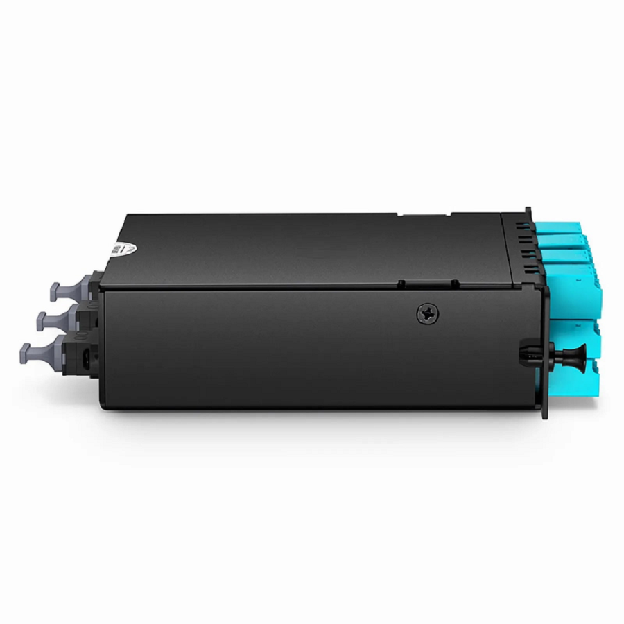 SFPS FHDA MTP®-LC Cassette, OM4 Multimode, Universal, 24 Fibers, 3 x MTP®-8 (Male) to 12 x Shuttered LC Duplex (Aqua), 0.35dB Max. SFPS