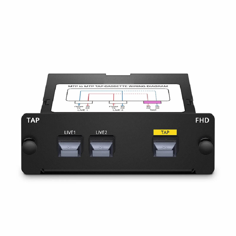 SFPS FHDA MTP® TAP Cassette, OS2 Single Mode, 2 x MTP®-12 Male Live Ports, MTP®-12 Male TAP Port, 50/50 Split Ratio (Live/TAP), 40/100G SFPS
