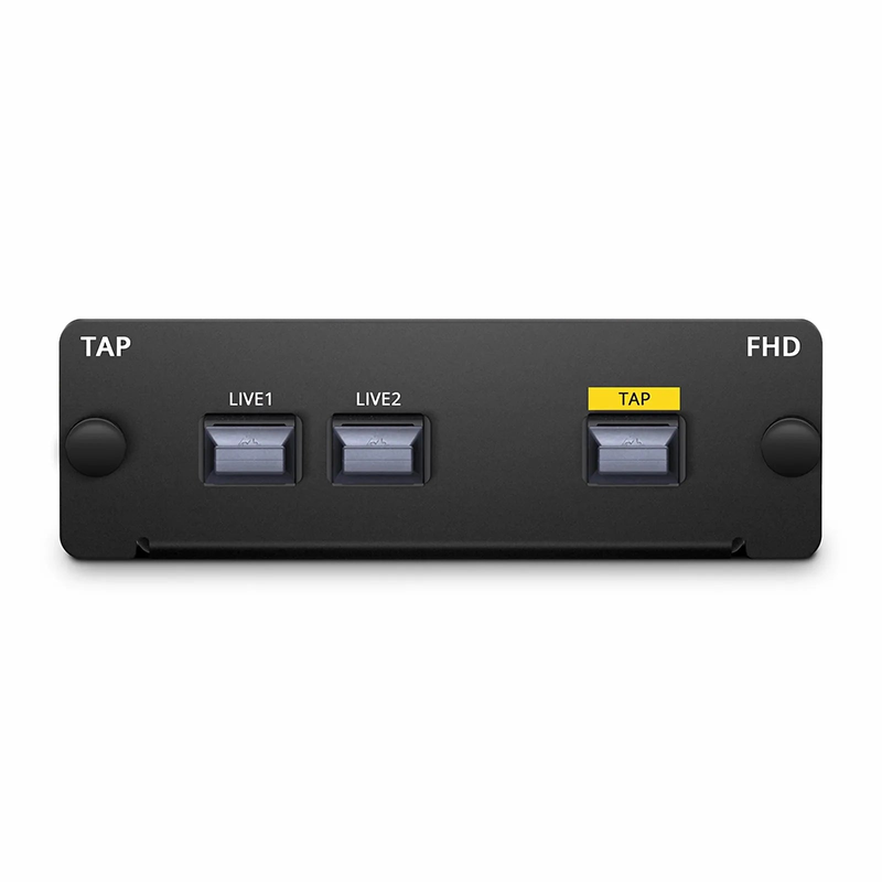 SFPS FHDA MTP® TAP Cassette, OS2 Single Mode, 2 x MTP®-12 Male Live Ports, MTP®-12 Male TAP Port, 50/50 Split Ratio (Live/TAP), 40/100G SFPS
