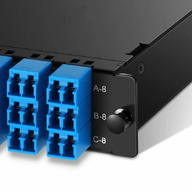 SFPS FHDA MTP®-LC Cassette, OS2 Single Mode, Universal, 24 Fibers, 3 x MTP®-8 (Male) to 12 x Shuttered LC Duplex (Blue), 0.35dB Max. SFPS