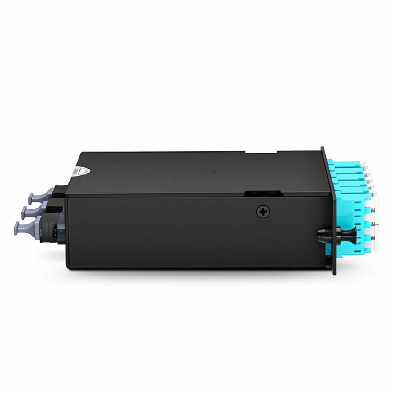 SFPS FHDA MTP®-LC Cassette, OM4 Multimode, Universal, 24 Fibers, 3 x MTP®-8 (Male) to 6 x LC Quad (Aqua), 0.35dB Max. SFPS