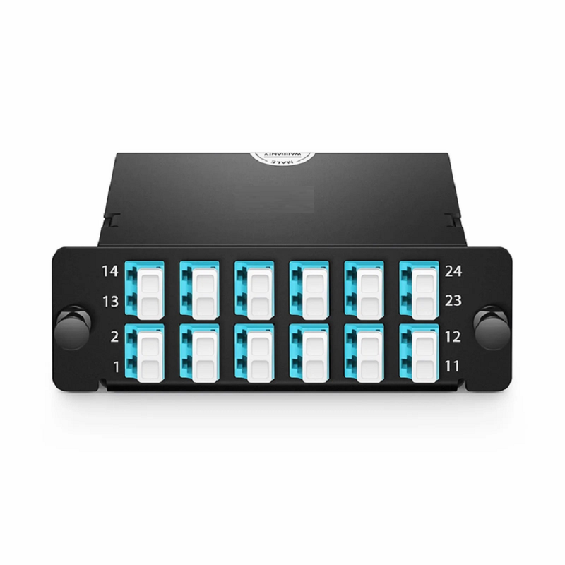 SFPS FHDA MTP®-LC Cassette, OM4 Multimode, Type AF, 24 Fibers, 2 x MTP®-12 (Male) to 12 x LC Duplex (Aqua), 0.35dB Max. SFPS