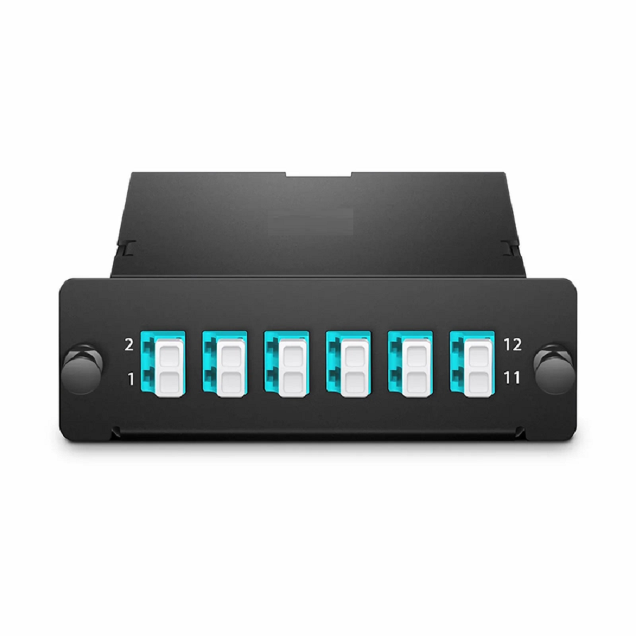 SFPS FHDA MTP®-LC Cassette, OM4 Multimode, Universal, 12 Fibers, MTP®-12 (Male) to 6 x LC Duplex (Aqua), 0.35dB Max. SFPS