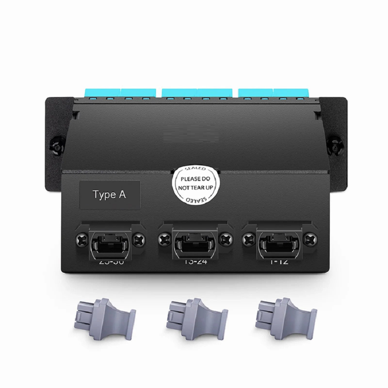SFPS FHDA MTP®-LC Cassette, OM4 Multimode, Type A, 36 Fibers, 3 x MTP®-12 (Male) to 18 x Shuttered LC Duplex (Aqua), 0.35dB Max. SFPS