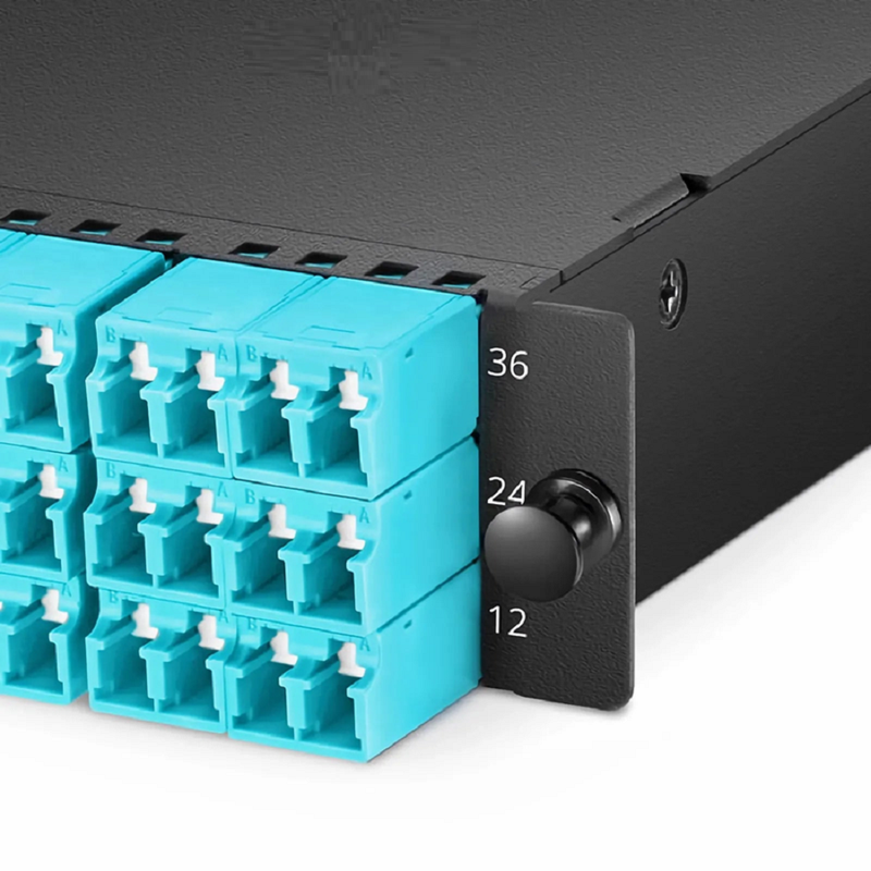 SFPS FHDA MTP®-LC Cassette, OM4 Multimode, Type A, 36 Fibers, 3 x MTP®-12 (Male) to 18 x Shuttered LC Duplex (Aqua), 0.35dB Max. SFPS