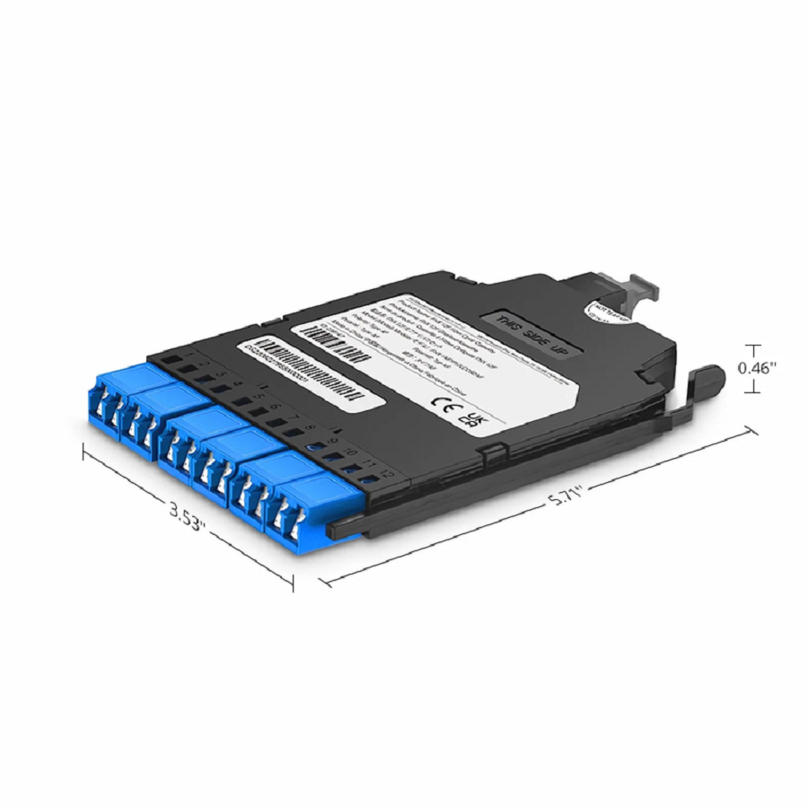 SFPS FHXA MTP®-LC Cassette, OS2 Single Mode, Type AF, 12 Fibers, MTP®-12 (Male) to 6 x Shuttered LC Duplex (Blue), 0.35dB Max. SFPS