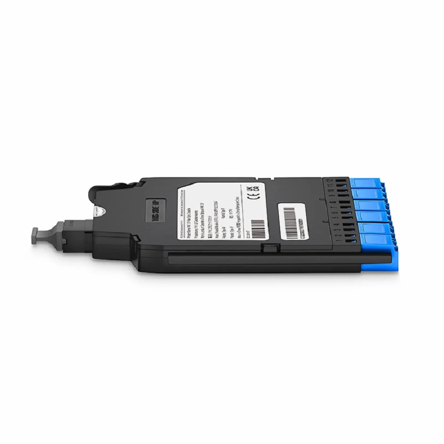 SFPS FHXA MTP®-LC Cassette, OS2 Single Mode, Type AF, 12 Fibers, MTP®-12 (Male) to 6 x Shuttered LC Duplex (Blue), 0.35dB Max. SFPS