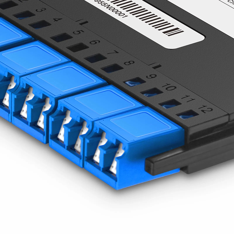 SFPS FHXA MTP®-LC Cassette, OS2 Single Mode, Type AF, 12 Fibers, MTP®-12 (Male) to 6 x Shuttered LC Duplex (Blue), 0.35dB Max. SFPS