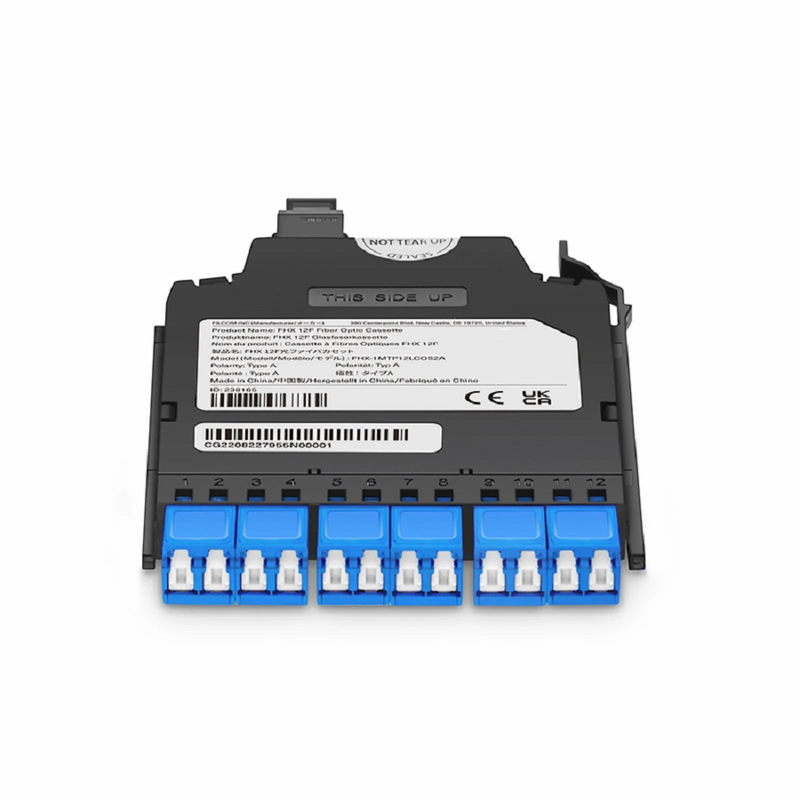 SFPS FHXA MTP®-LC Cassette, OM4 Multimode, Universal, 12 Fibers, MTP®-12 (Male) to 6 x Shuttered LC Duplex (Aqua), 0.35dB Max. SFPS