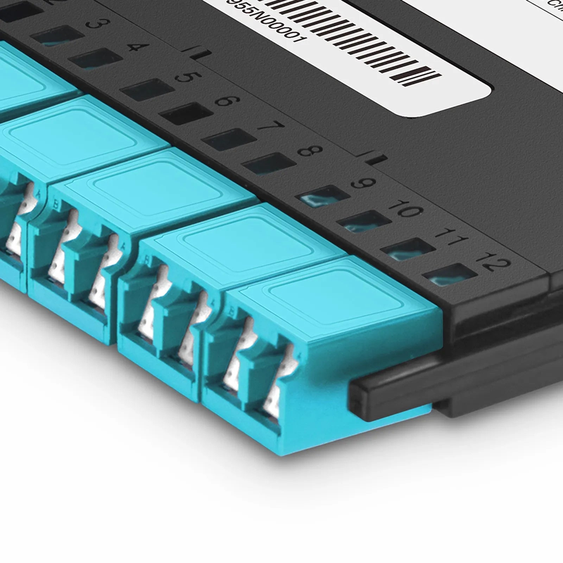 SFPS FHXA MTP®-LC Cassette, OM4 Multimode, Universal, 12 Fibers, MTP®-12 (Male) to 6 x Shuttered LC Duplex (Aqua), 0.35dB Max. SFPS
