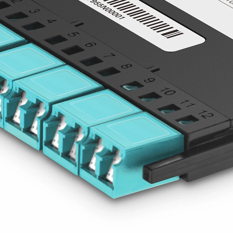 SFPS FHXA MTP®-LC Cassette, OM4 Multimode, Type A, 12 Fibers, MTP®-12 (Male) to 6 x Shuttered LC Duplex (Aqua), 0.35dB Max. SFPS