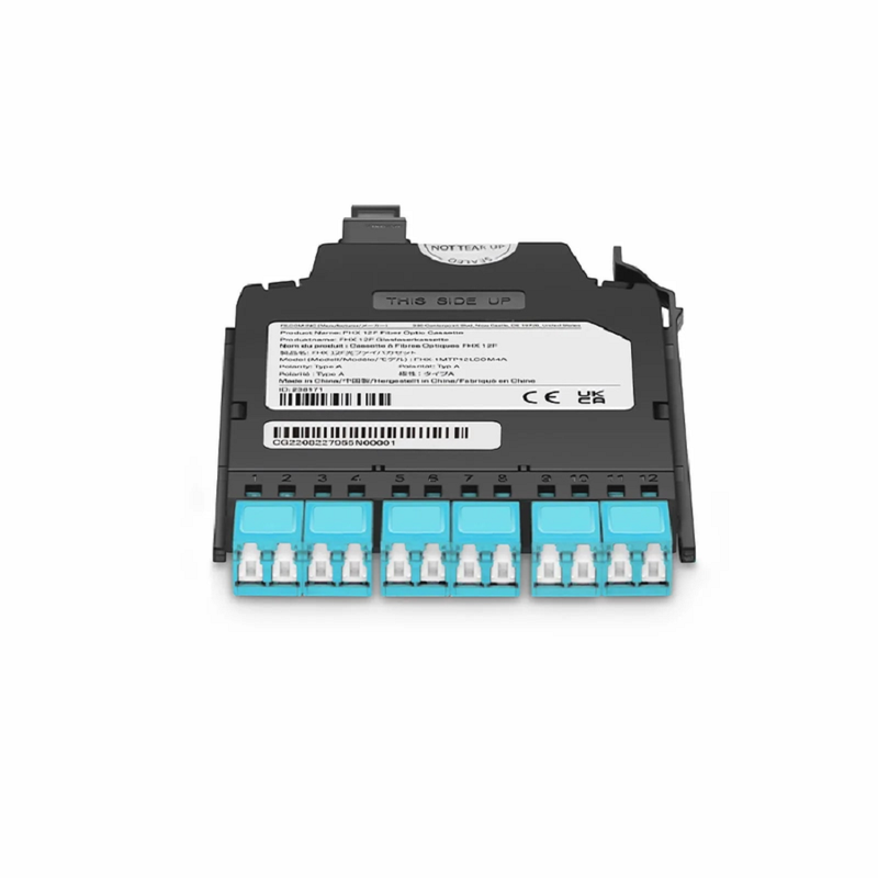 SFPS FHXA MTP®-LC Cassette, OM4 Multimode, Type AF, 12 Fibers, MTP®-12 (Male) to 6 x Shuttered LC Duplex (Aqua), 0.35dB Max. SFPS