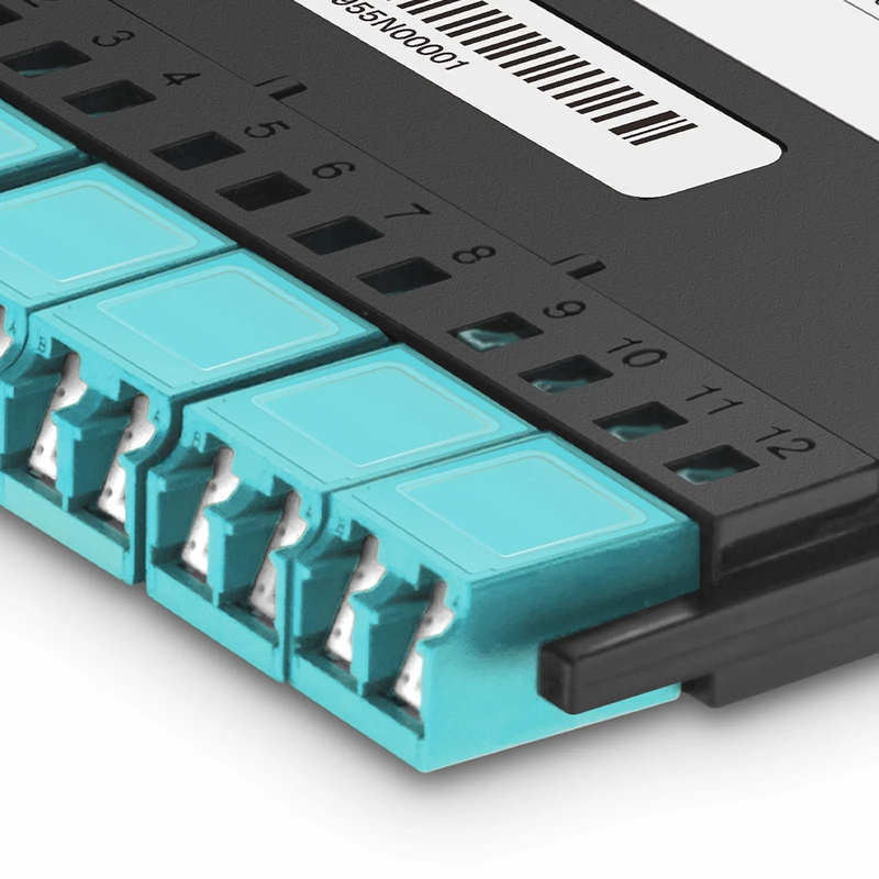 SFPS FHXA MTP®-LC Cassette, OM4 Multimode, Type AF, 12 Fibers, MTP®-12 (Male) to 6 x Shuttered LC Duplex (Aqua), 0.35dB Max. SFPS