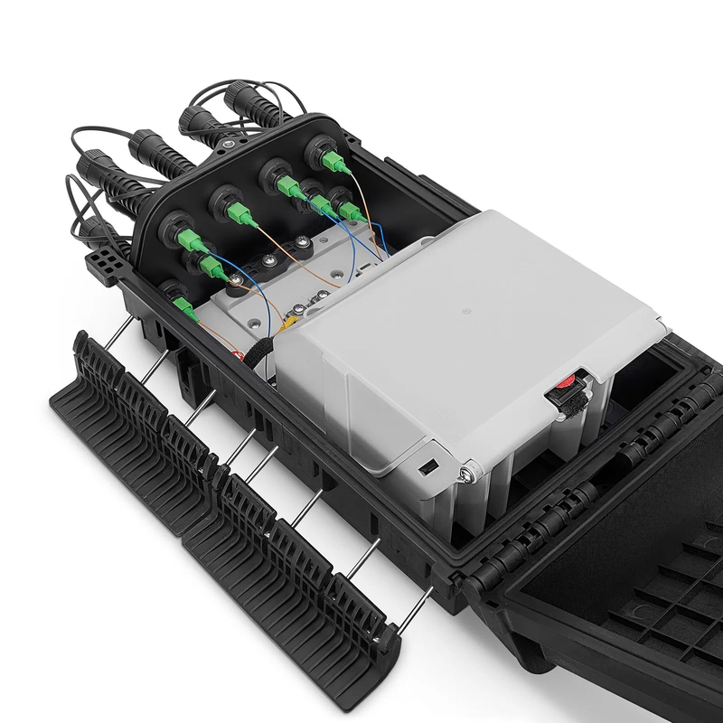 SFPS Universal Pre-Terminated Hub Box for Quick ODN, 1 Uncut Port, 8 SC/APC Adapters, Mechanical Seal, Supports 1:2/1:4/1:8 Mini Splitters, PP+GF, IP65, Wall/Pole/Aerial Mount, Indoor/Outdoor SFPS
