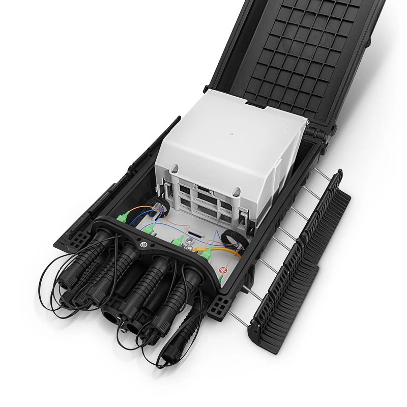 SFPS Universal Pre-Terminated Hub Box for Quick ODN, 1 Uncut Port, 8 SC/APC Adapters, Mechanical Seal, Supports 1:2/1:4/1:8 Mini Splitters, PP+GF, IP65, Wall/Pole/Aerial Mount, Indoor/Outdoor SFPS