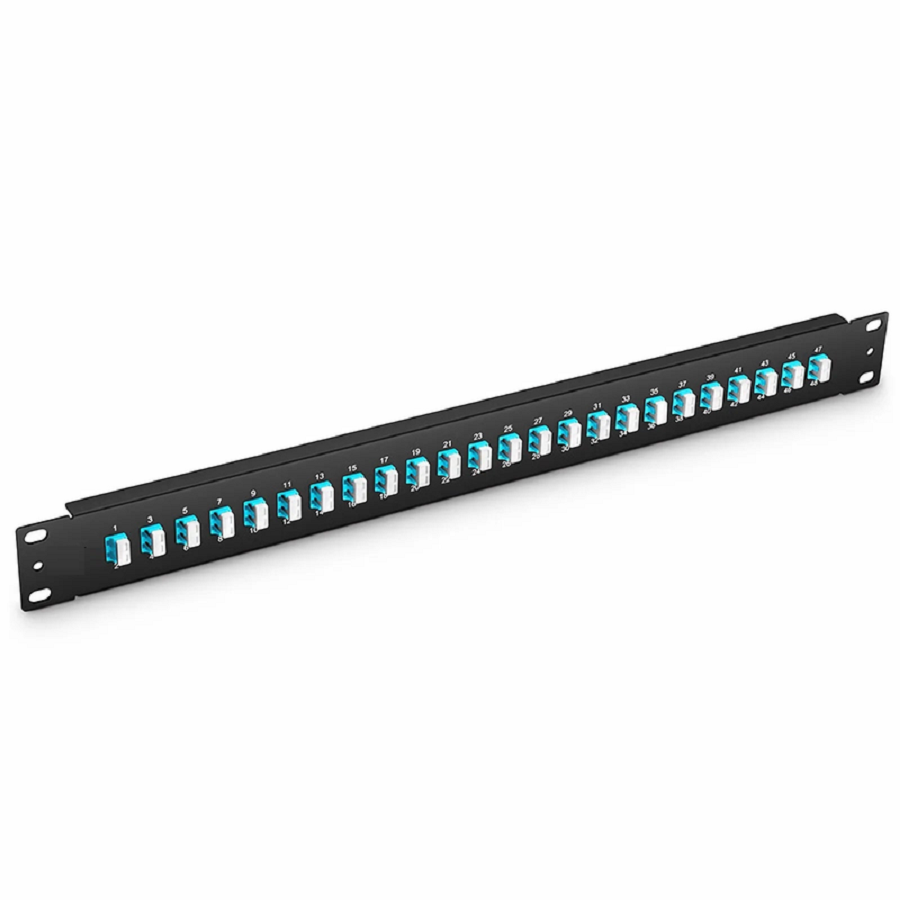 SFPS FHUA 1U 19'' Fiber Adapter Panel, 48 Fibers OM4 Multimode, 24 x LC UPC Duplex (Aqua) Adapter, Ceramic Sleeve SFPS