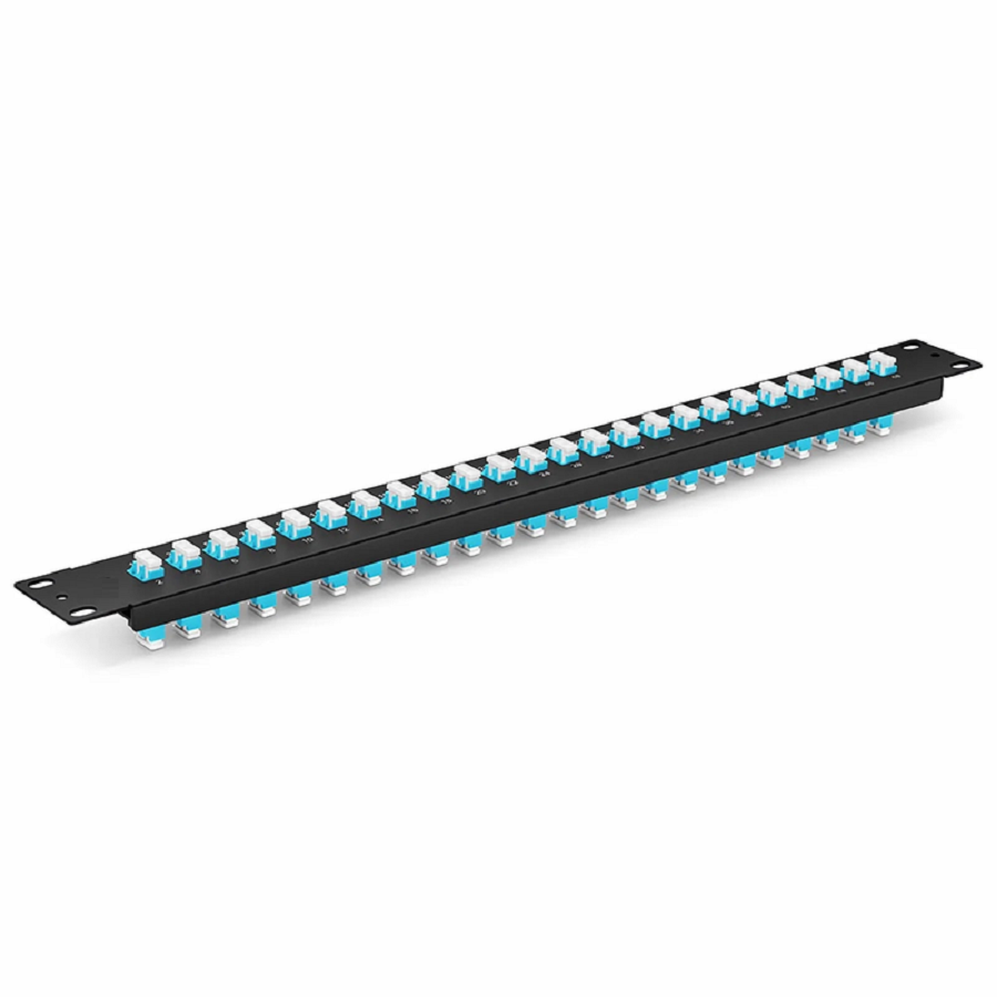 SFPS FHUA 1U 19'' Fiber Adapter Panel, 48 Fibers OM4 Multimode, 24 x LC UPC Duplex (Aqua) Adapter, Ceramic Sleeve SFPS