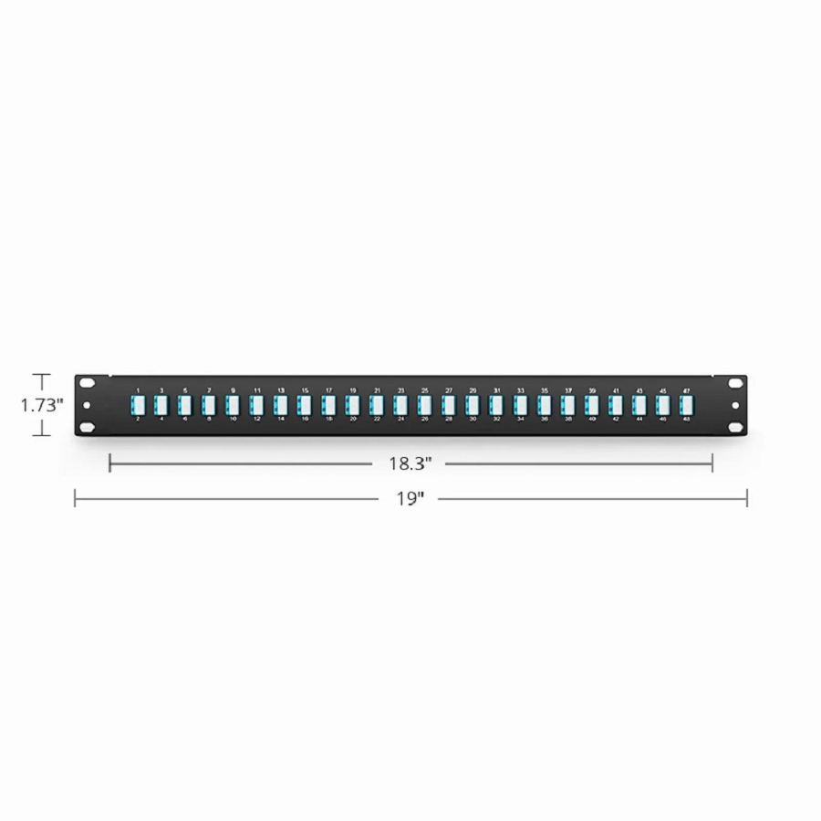 SFPS FHUA 1U 19'' Fiber Adapter Panel, 48 Fibers OM4 Multimode, 24 x LC UPC Duplex (Aqua) Adapter, Ceramic Sleeve SFPS