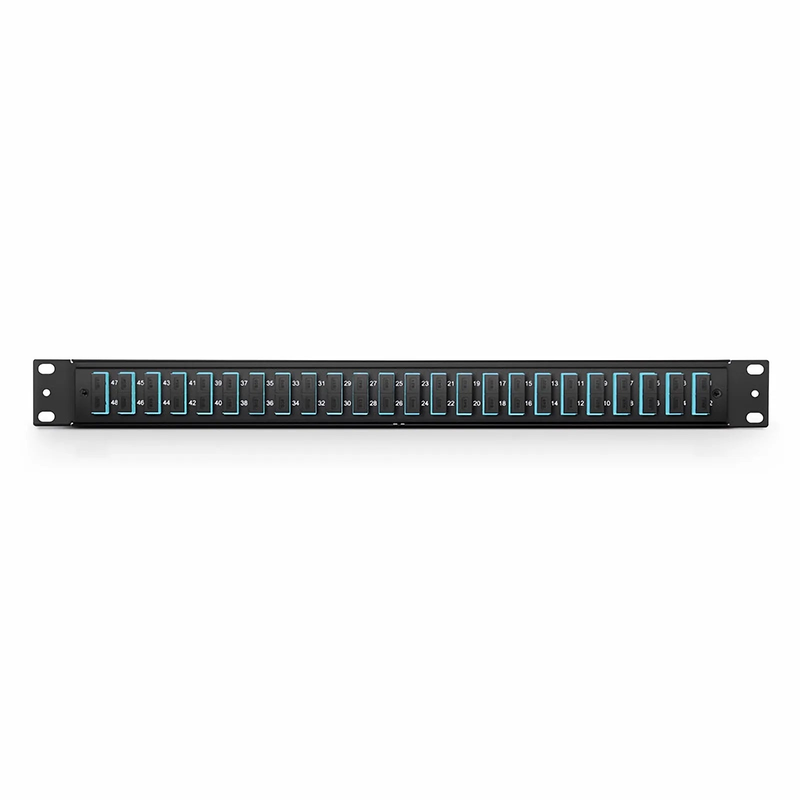 SFPS FHUA 1U 19'' Fiber Adapter Panel, 48 Fibers OM4 Multimode, 24 x SC UPC Duplex (Aqua) Adapter, Ceramic Sleeve SFPS
