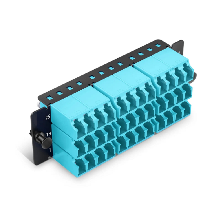 SFPS FHDA Fiber Adapter Panel, 36 Fibers OM4 Multimode, 18 x Shuttered LC UPC Duplex (Aqua) Adapter, Ceramic Sleeve SFPS