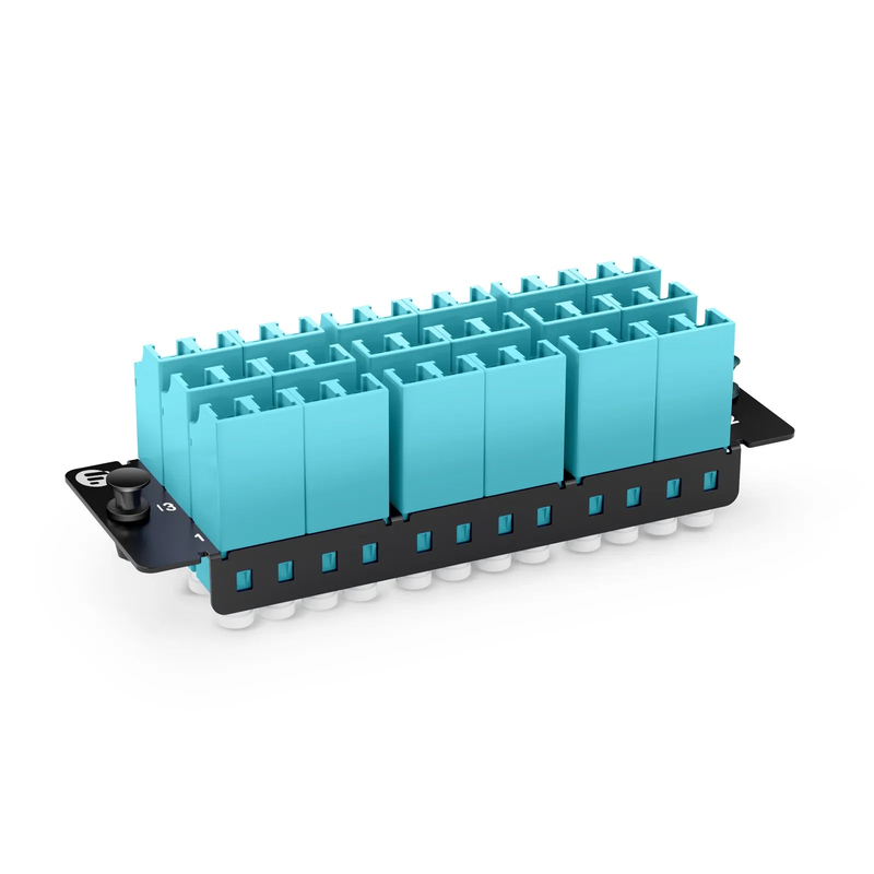 SFPS FHDA Fiber Adapter Panel, 36 Fibers OM4 Multimode, 18 x Shuttered LC UPC Duplex (Aqua) Adapter, Ceramic Sleeve SFPS