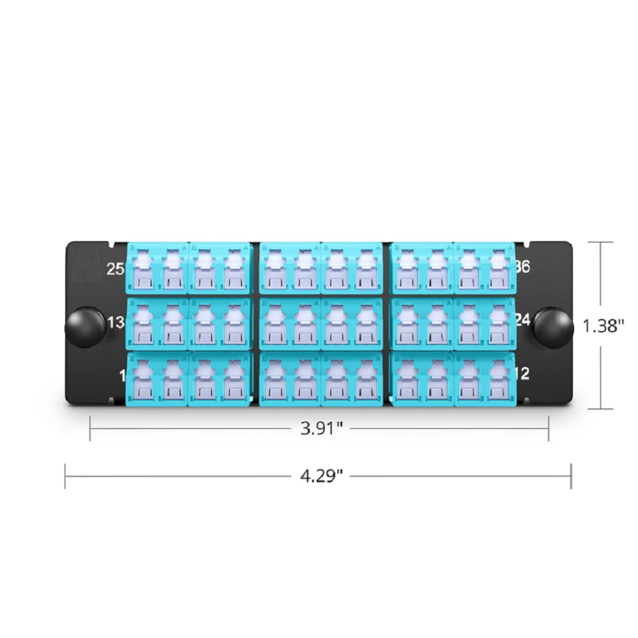 SFPS FHDA Fiber Adapter Panel, 36 Fibers OM4 Multimode, 18 x Shuttered LC UPC Duplex (Aqua) Adapter, Ceramic Sleeve SFPS