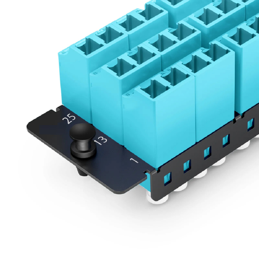 SFPS FHDA Fiber Adapter Panel, 36 Fibers OM4 Multimode, 18 x Shuttered LC UPC Duplex (Aqua) Adapter, Ceramic Sleeve SFPS