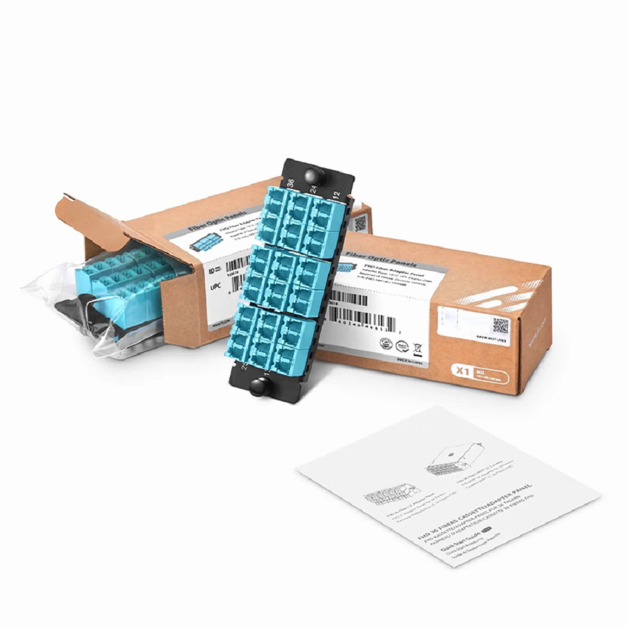 SFPS FHDA Fiber Adapter Panel, 36 Fibers OM4 Multimode, 18 x Shuttered LC UPC Duplex (Aqua) Adapter, Ceramic Sleeve SFPS