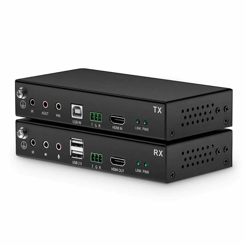 SFPS 4K HDMI USB2.0 KVM Extender Set with Audio and HDCP over Single Mode Fiber for 10km, Multimode Fiber for 300m, and Cat5e/6/6a/7 Cable for 150m, 3840x 2160@30Hz SFPS