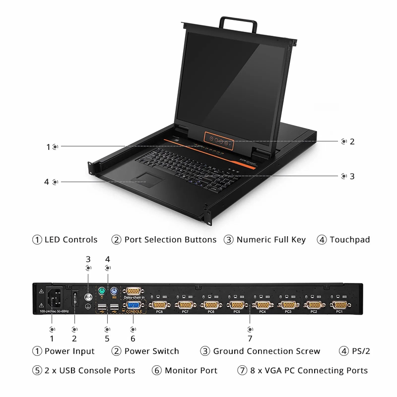 SFPS 8-Port x1 User VGA 1U Rack-Mount USB KVM Switch with 19" LED, 8 x VGA Cables Included SFPS
