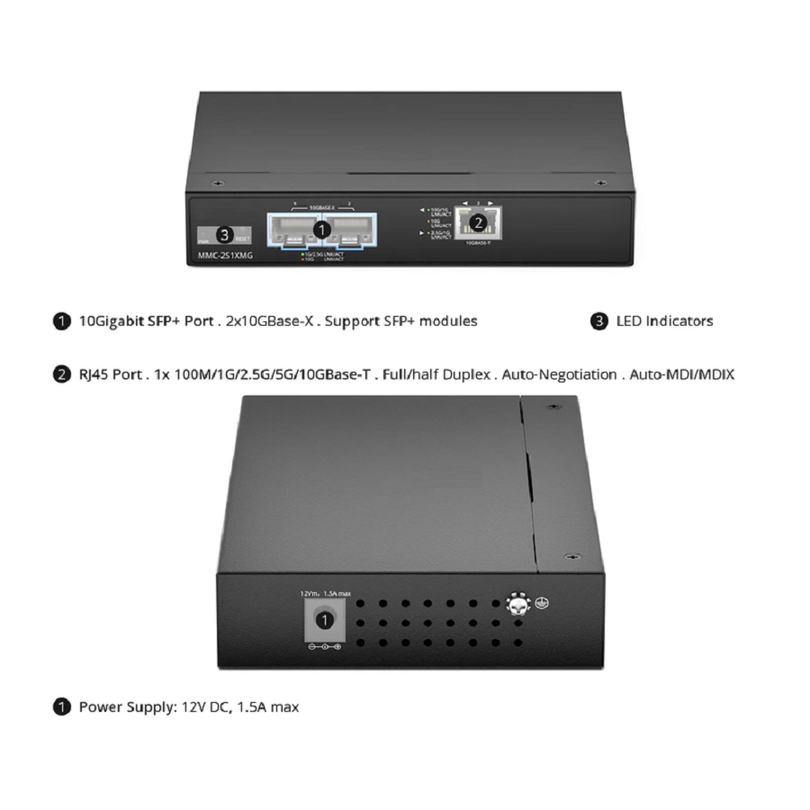SFPS Managed 1x 100M/1G/2.5G/5G/10GBase-T RJ45 to 2x 10GBase-X SFP+ 10Gigabit Ethernet Media Converter, American Plug Standard SFPS
