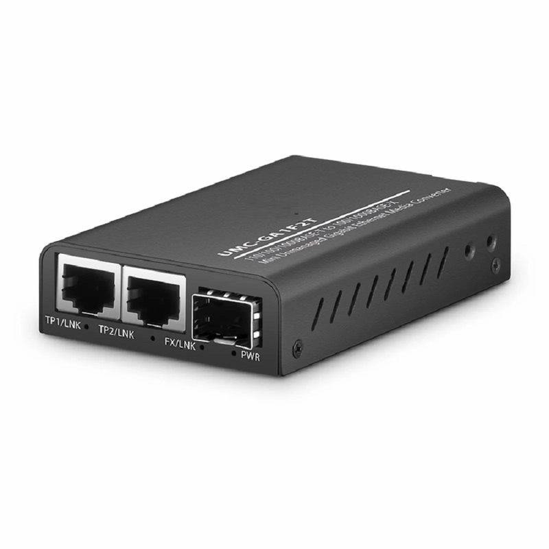 SFPS Mini Unmanaged 2x 10/100/1000Base-T RJ45 to 1x 1000Base-X SFP Gigabit Ethernet Media Converter, American Plug Standard SFPS