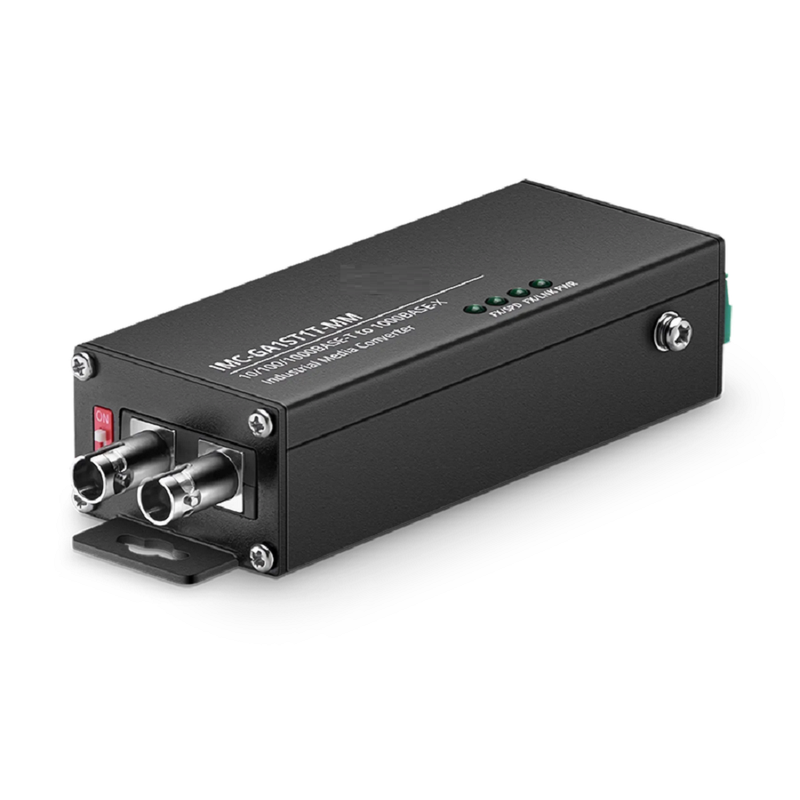 SFPS Mini Industrial 1x 10/100/1000Base-T RJ45 to 1x 1000Base-X Multimode ST 850nm 550m Gigabit Ethernet Media Converter, European Plug Standard SFPS