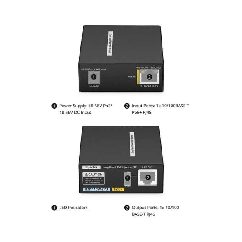 SFPS IES1110W-2PD, 1-Port 10/100M Fast Ethernet Long Reach PoE over UTP Injector, 1 x PoE+ Input to 1 x 10/100BASE-T RJ45 Output, -20 to 70A°C Operating Temperature SFPS