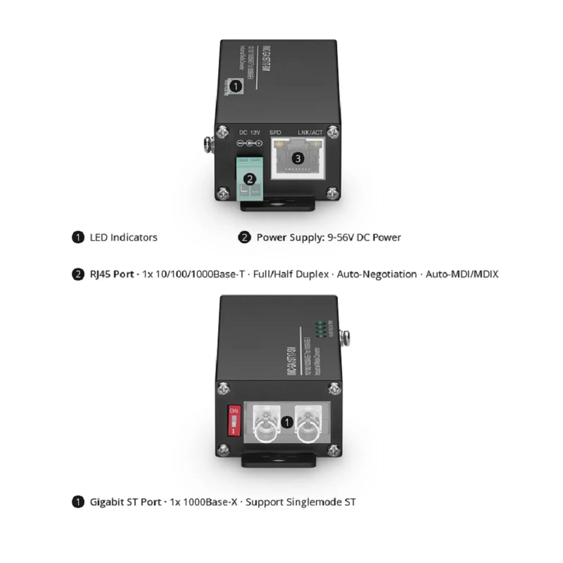 SFPS Mini Industrial Unmanaged 1x 10/100/1000Base-T RJ45 to 1x 1000Base-X Single Mode ST 1310nm 20km Gigabit Ethernet Media Converter, American Plug Standard SFPS