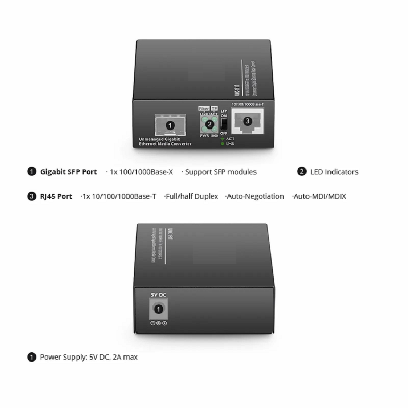 SFPS Mini Unmanaged 1x 10/100/1000Base-T RJ45 to 1x 100/1000Base-X Multimode SC 850nm 220/550m Gigabit Ethernet Media Converter, British Plug Standard SFPS