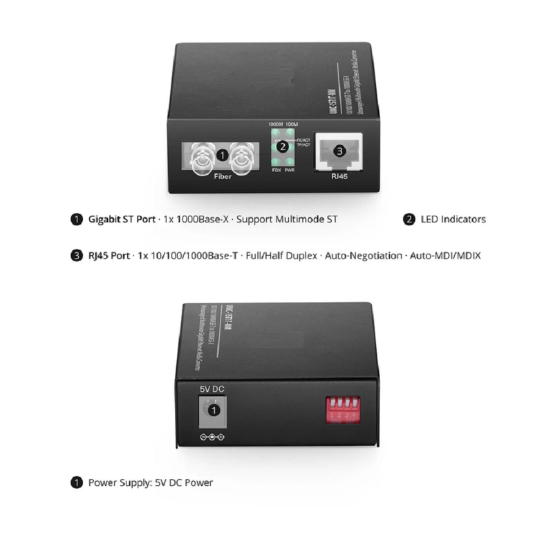 SFPS Unmanaged 1x 10/100/1000Base-T RJ45 to 1x 1000Base-X Multimode ST 850nm 220/550m Gigabit Ethernet Media Converter, American Plug Standard SFPS