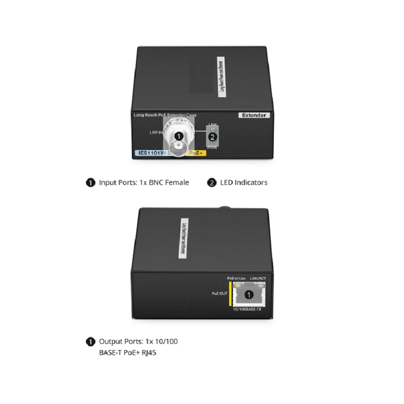 SFPS IES1101W-2PD, 1-Port 10/100M Fast Ethernet Long Reach PoE over Coaxial Extender, 1 x BNC Female Input to 1 x PoE+ Output, -20 to 70A°C Operating Temperature SFPS