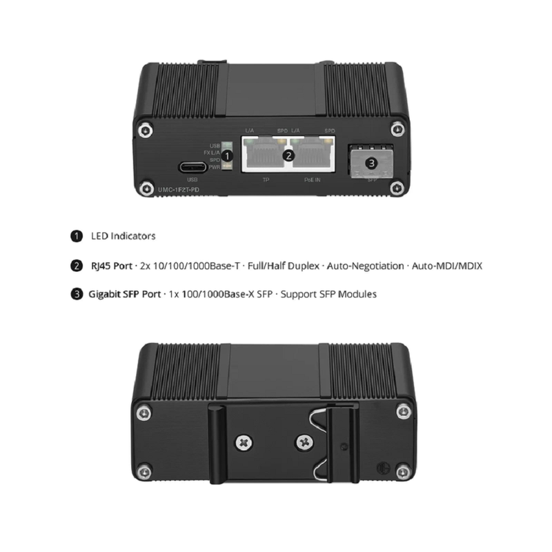 SFPS Unmanaged 2 x 10/100/1000Base-T RJ45 to 1 x 100/1000Base-X SFP Gigabit Ethernet PoE+ PD with USB DC Output Media Converter SFPS