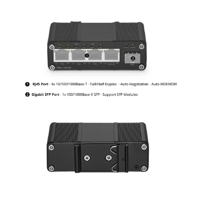 SFPS Unmanaged 4 x 10/100/1000Base-T RJ45 to 1 x 100/1000Base-X SFP Gigabit Ethernet PoE++ with PSE and PD Media Converter SFPS