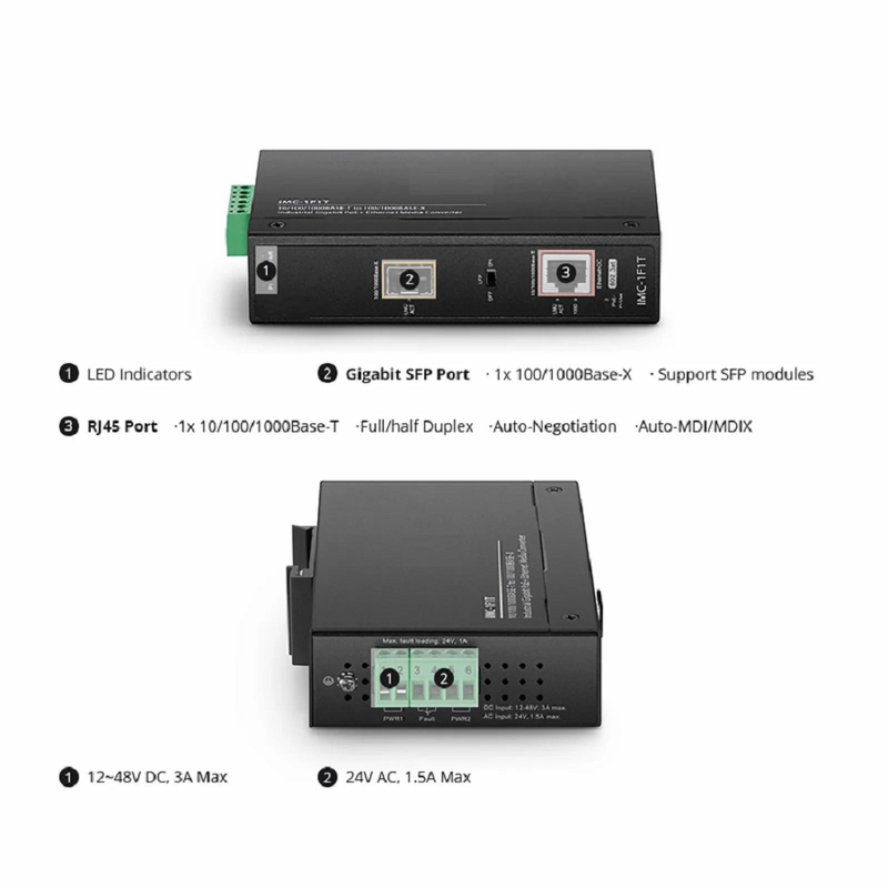 SFPS Industrial Unmanaged 1x 10/100/1000Base-T RJ45 to 1x 100/1000Base-X SFP Gigabit PoE+ Ethernet Media Converter SFPS