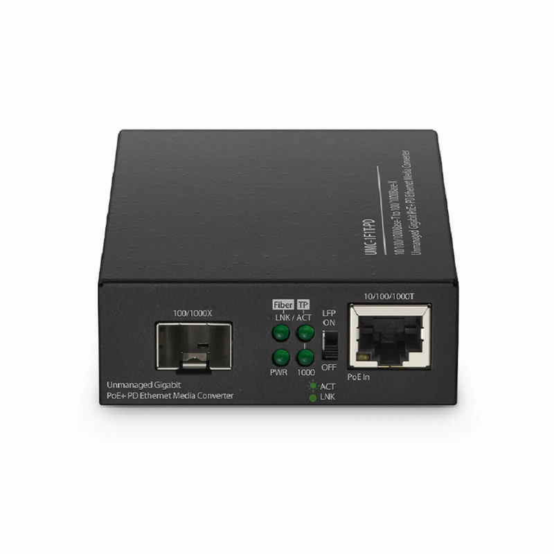 SFPS Unmanaged 1x 10/100/1000Base-T RJ45 to 1x 100/1000Base-X SFP Gigabit Ethernet PoE+ PD Media Converter SFPS